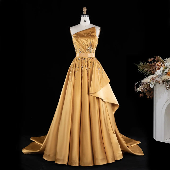 Gold One-Shoulder Beaded Satin Evening Gown with Train XD037