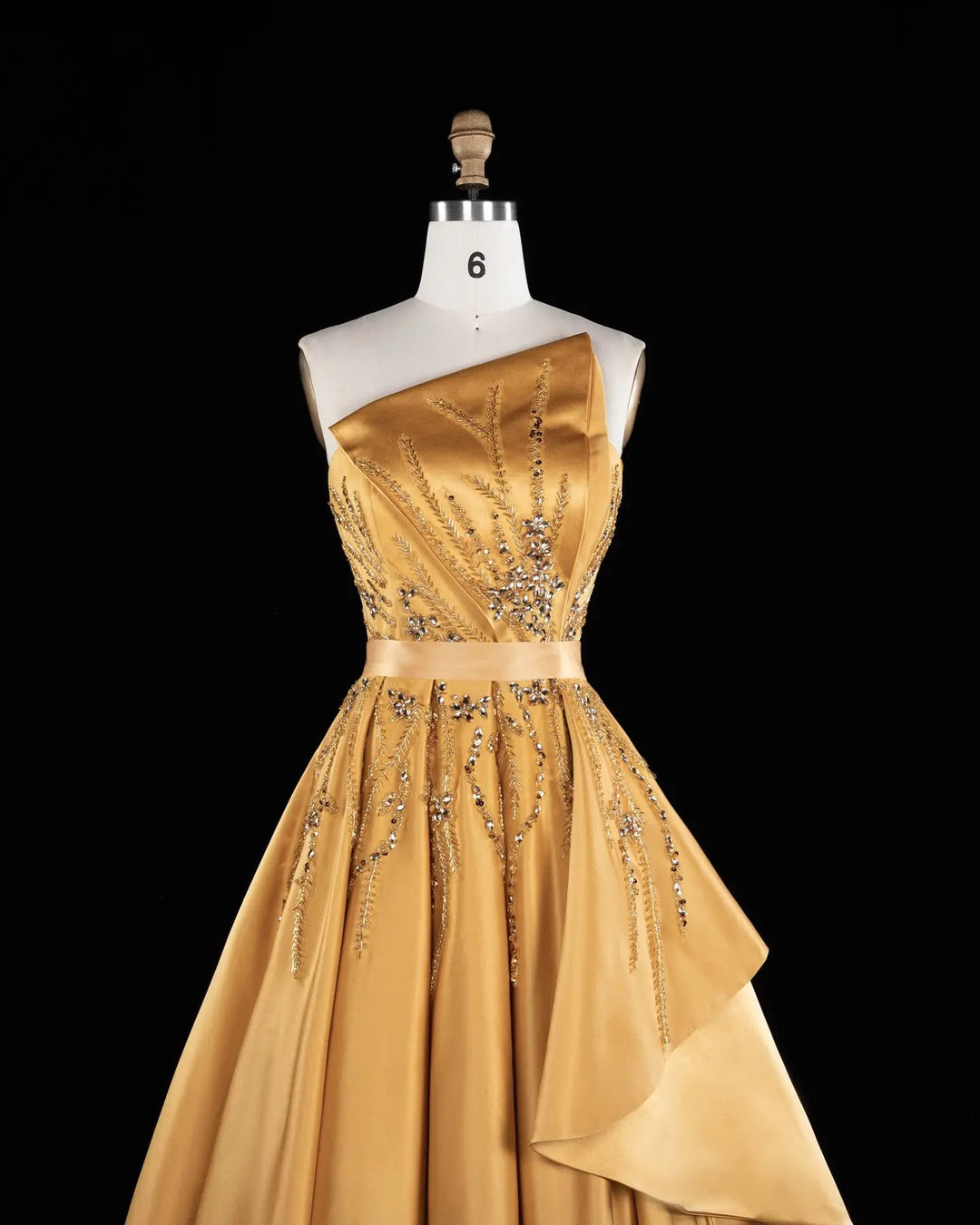 Gold One-Shoulder Beaded Satin Evening Gown with Train XD037