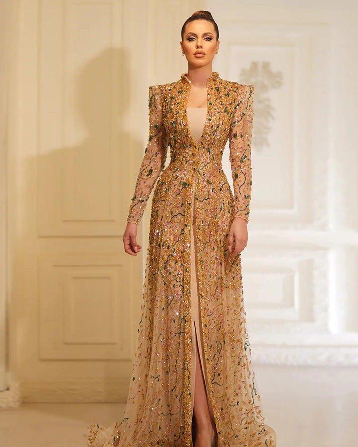 Luxury Gold High Neck Long Sleeve Beaded A-Line Evening Dress  XD020