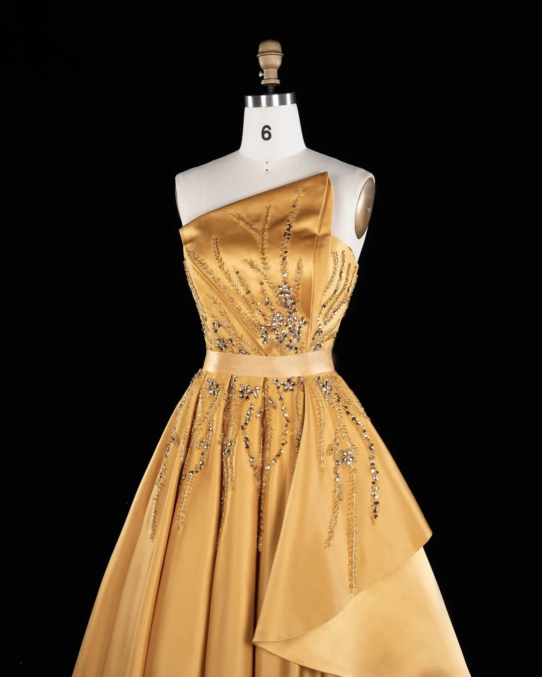 Gold One-Shoulder Beaded Satin Evening Gown with Train XD037