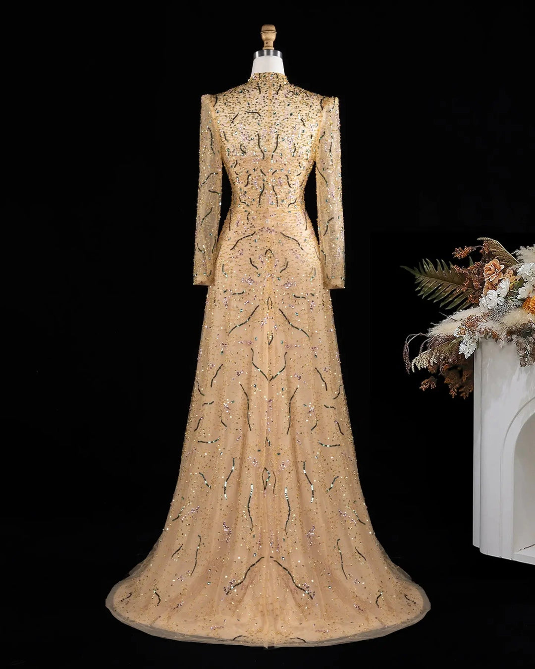 Luxury Gold High Neck Long Sleeve Beaded A-Line Evening Dress  XD020