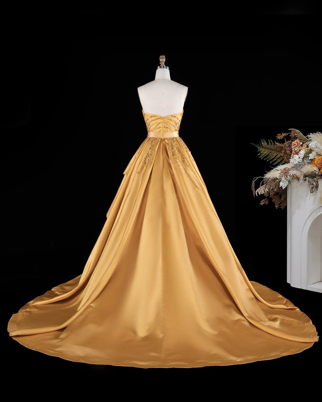 Gold One-Shoulder Beaded Satin Evening Gown with Train XD037