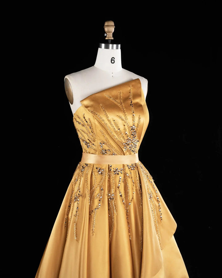 Gold One-Shoulder Beaded Satin Evening Gown with Train XD037