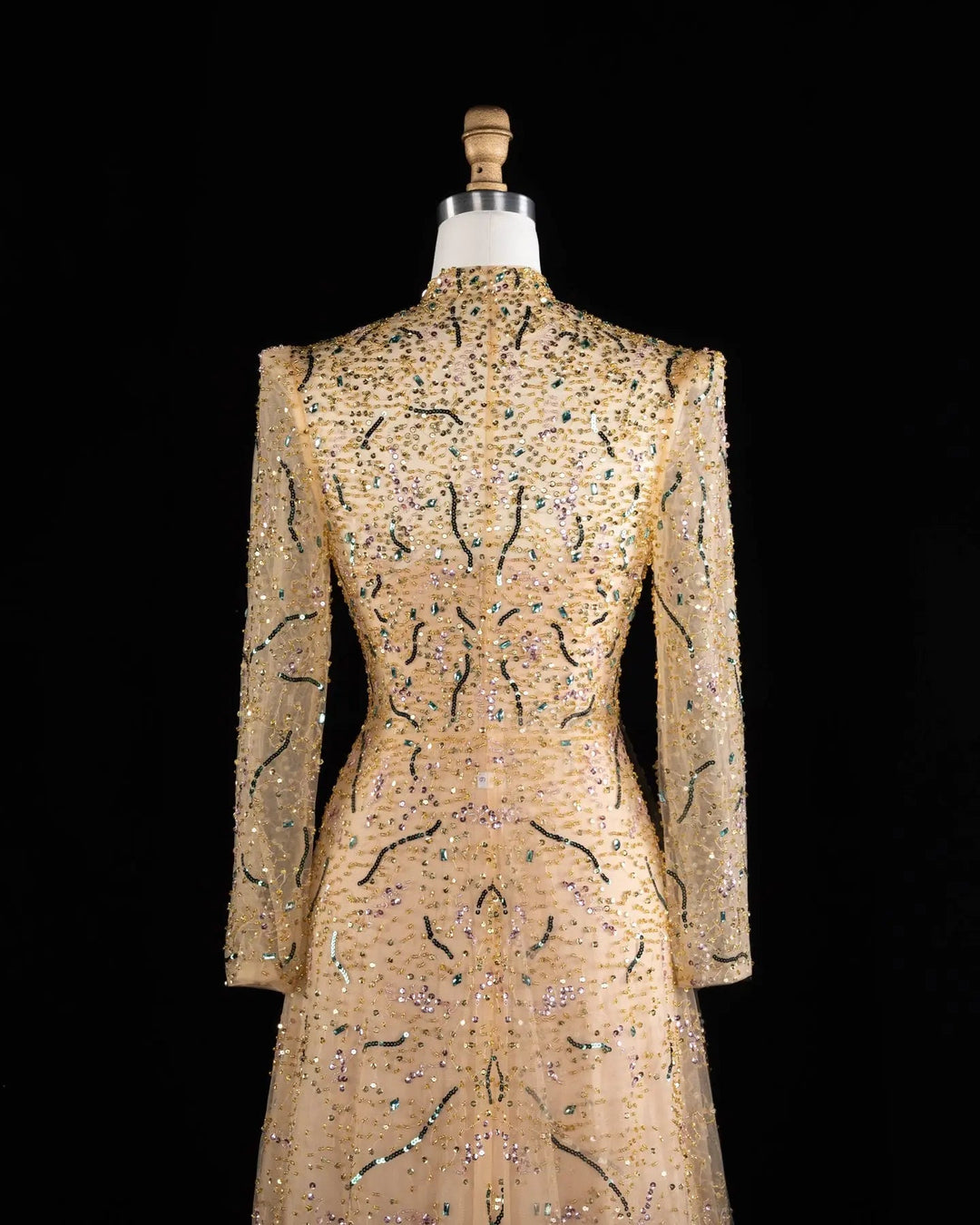 Luxury Gold High Neck Long Sleeve Beaded A-Line Evening Dress  XD020
