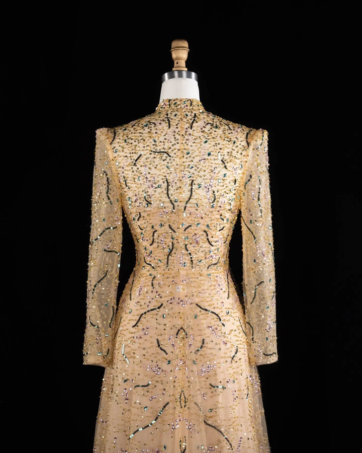 Luxury Gold High Neck Long Sleeve Beaded A-Line Evening Dress  XD020