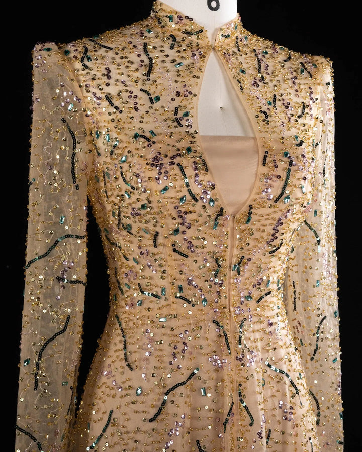 Luxury Gold High Neck Long Sleeve Beaded A-Line Evening Dress  XD020