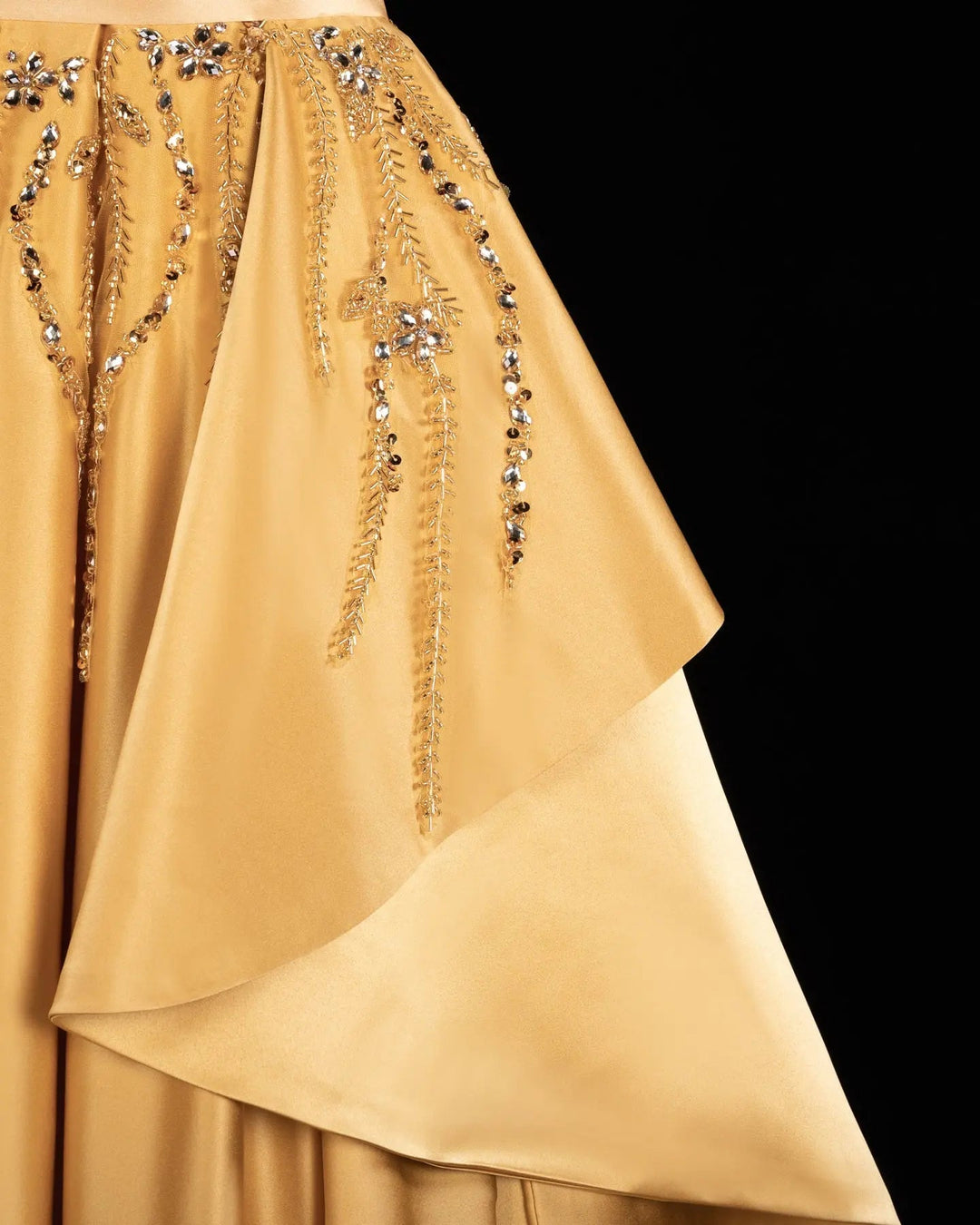 Gold One-Shoulder Beaded Satin Evening Gown with Train XD037