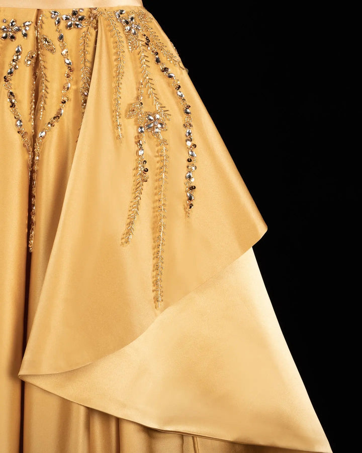 Gold One-Shoulder Beaded Satin Evening Gown with Train XD037