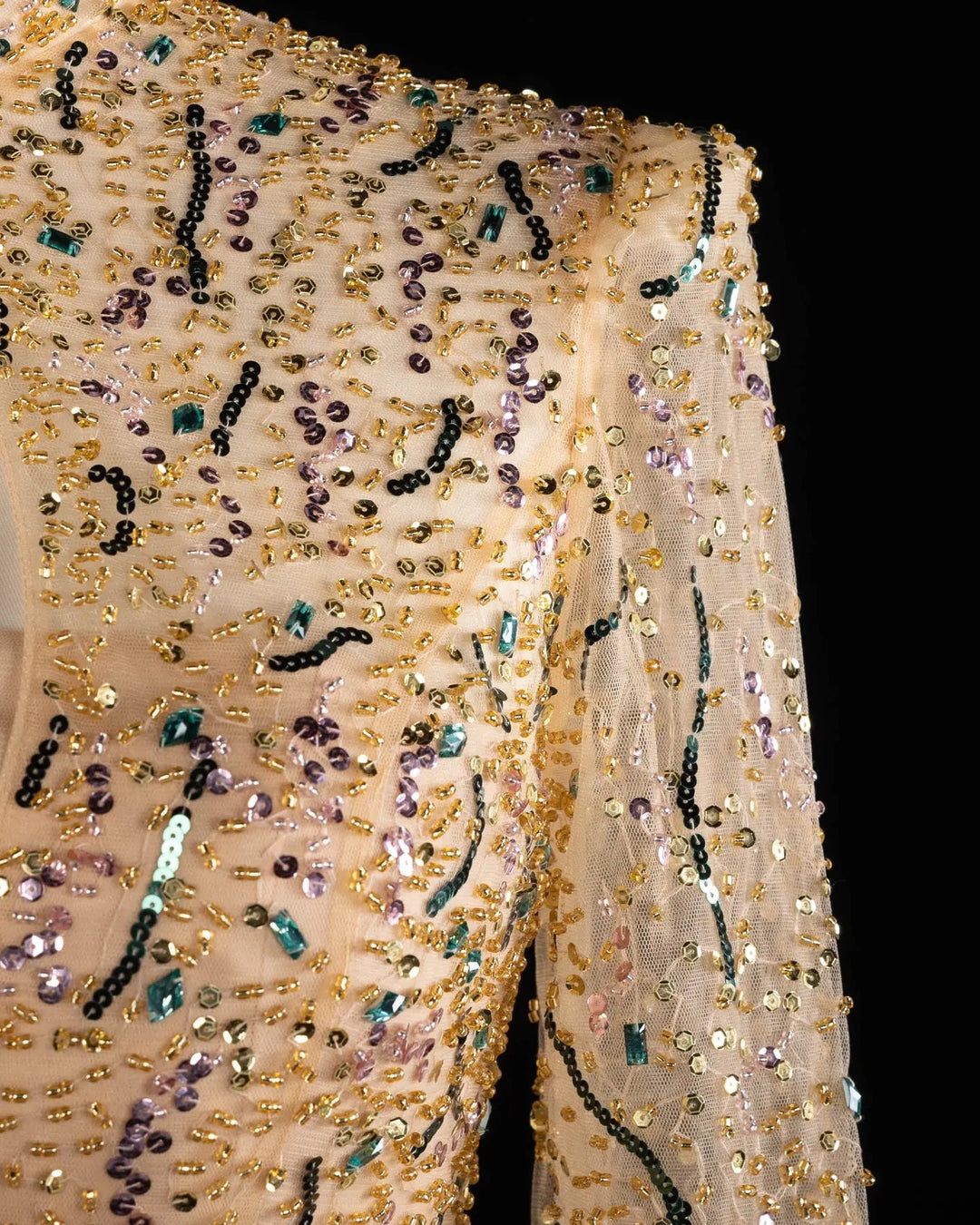 Luxury Gold High Neck Long Sleeve Beaded A-Line Evening Dress  XD020