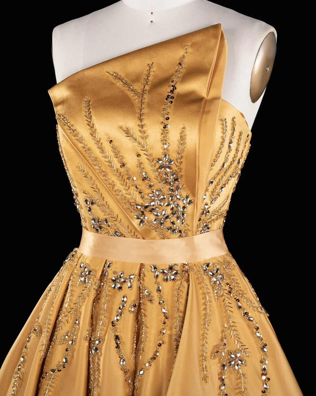 Gold One-Shoulder Beaded Satin Evening Gown with Train XD037