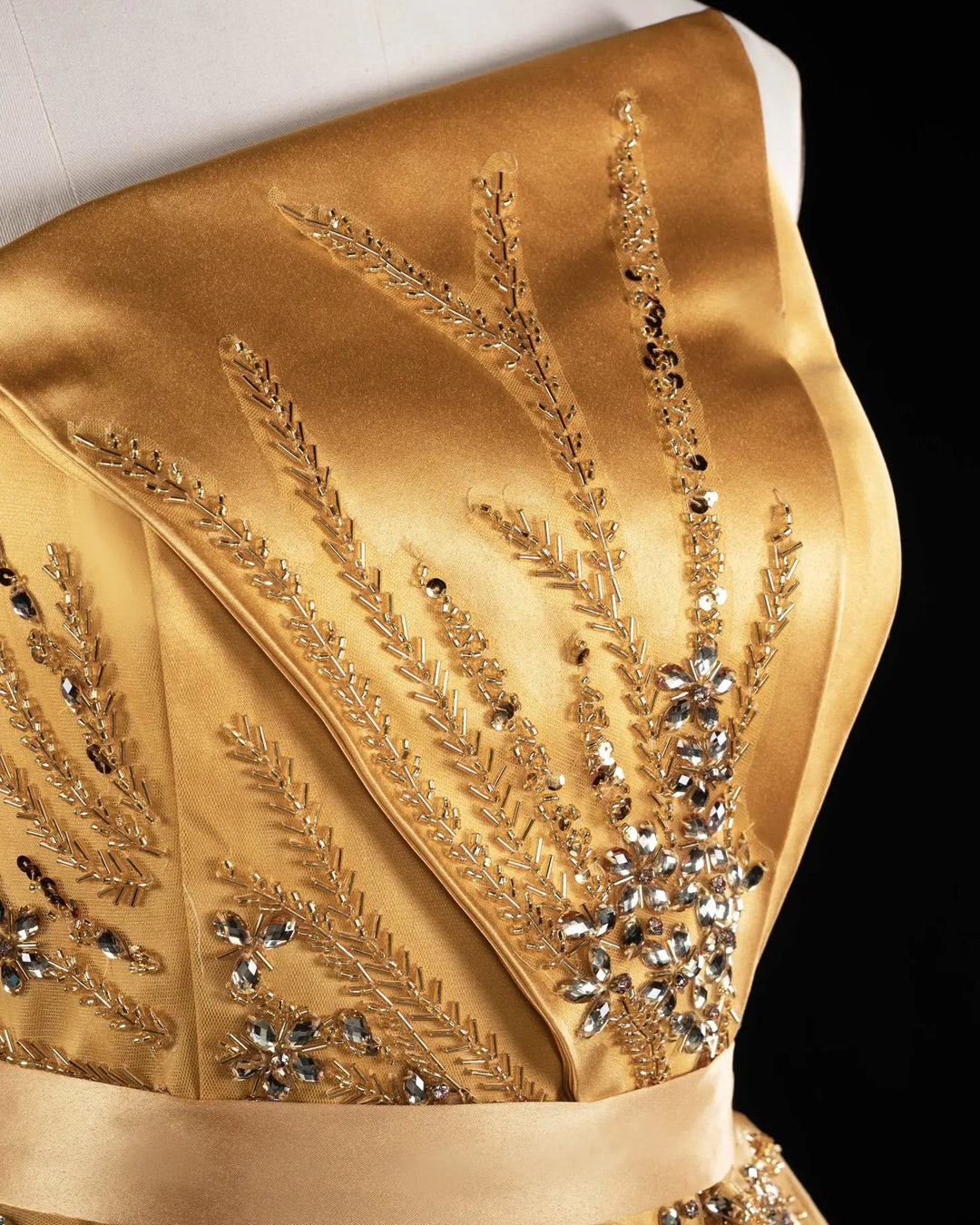 Gold One-Shoulder Beaded Satin Evening Gown with Train XD037