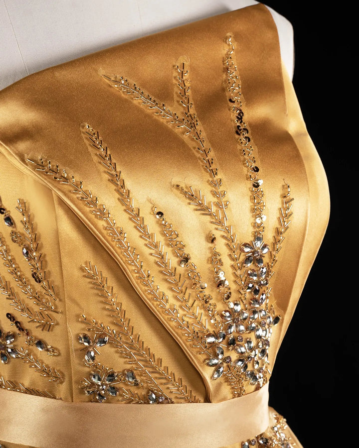 Gold One-Shoulder Beaded Satin Evening Gown with Train XD037