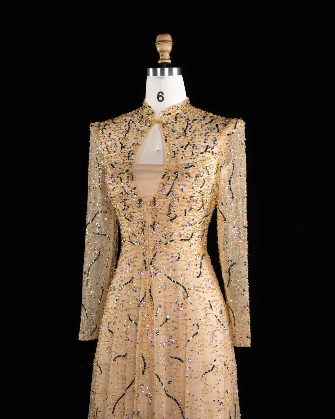 Luxury Gold High Neck Long Sleeve Beaded A-Line Evening Dress  XD020
