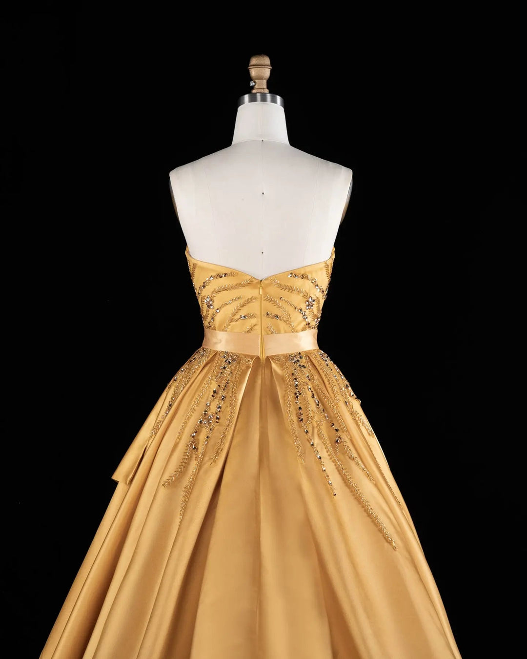 Gold One-Shoulder Beaded Satin Evening Gown with Train XD037