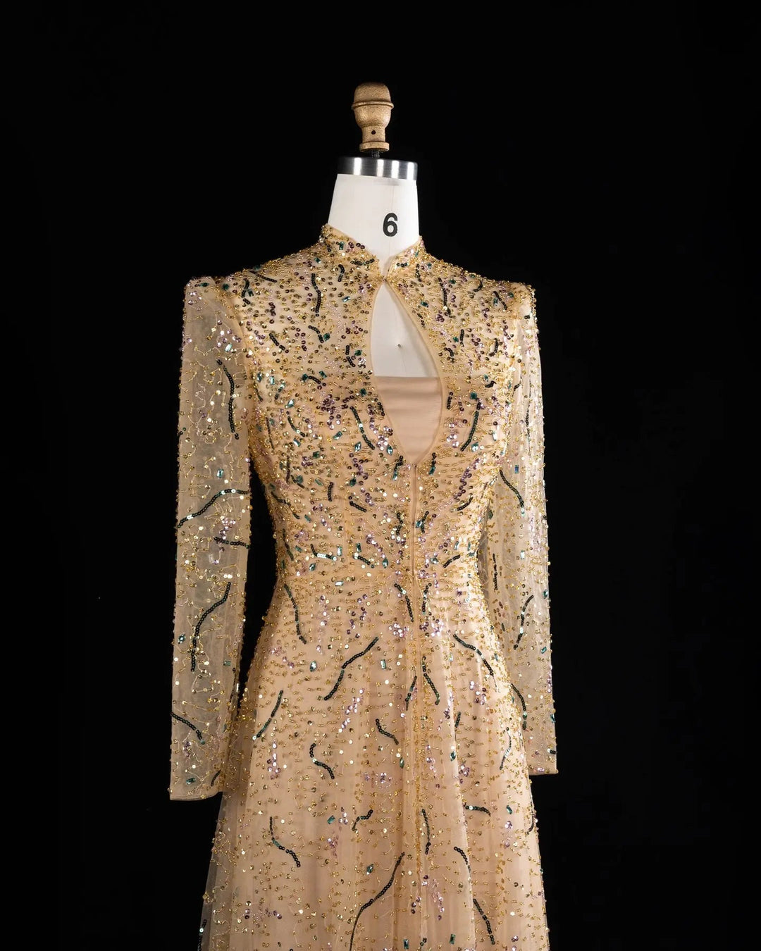 Luxury Gold High Neck Long Sleeve Beaded A-Line Evening Dress  XD020