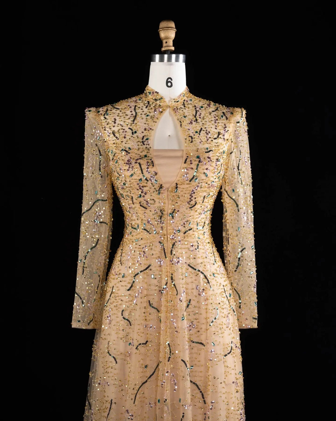 Luxury Gold High Neck Long Sleeve Beaded A-Line Evening Dress  XD020