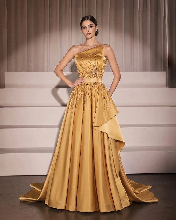Gold One-Shoulder Beaded Satin Evening Gown with Train XD037
