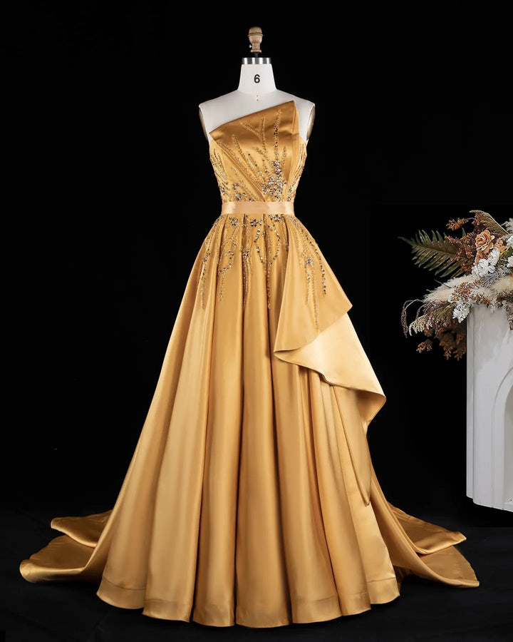 Gold One-Shoulder Beaded Satin Evening Gown with Train XD037