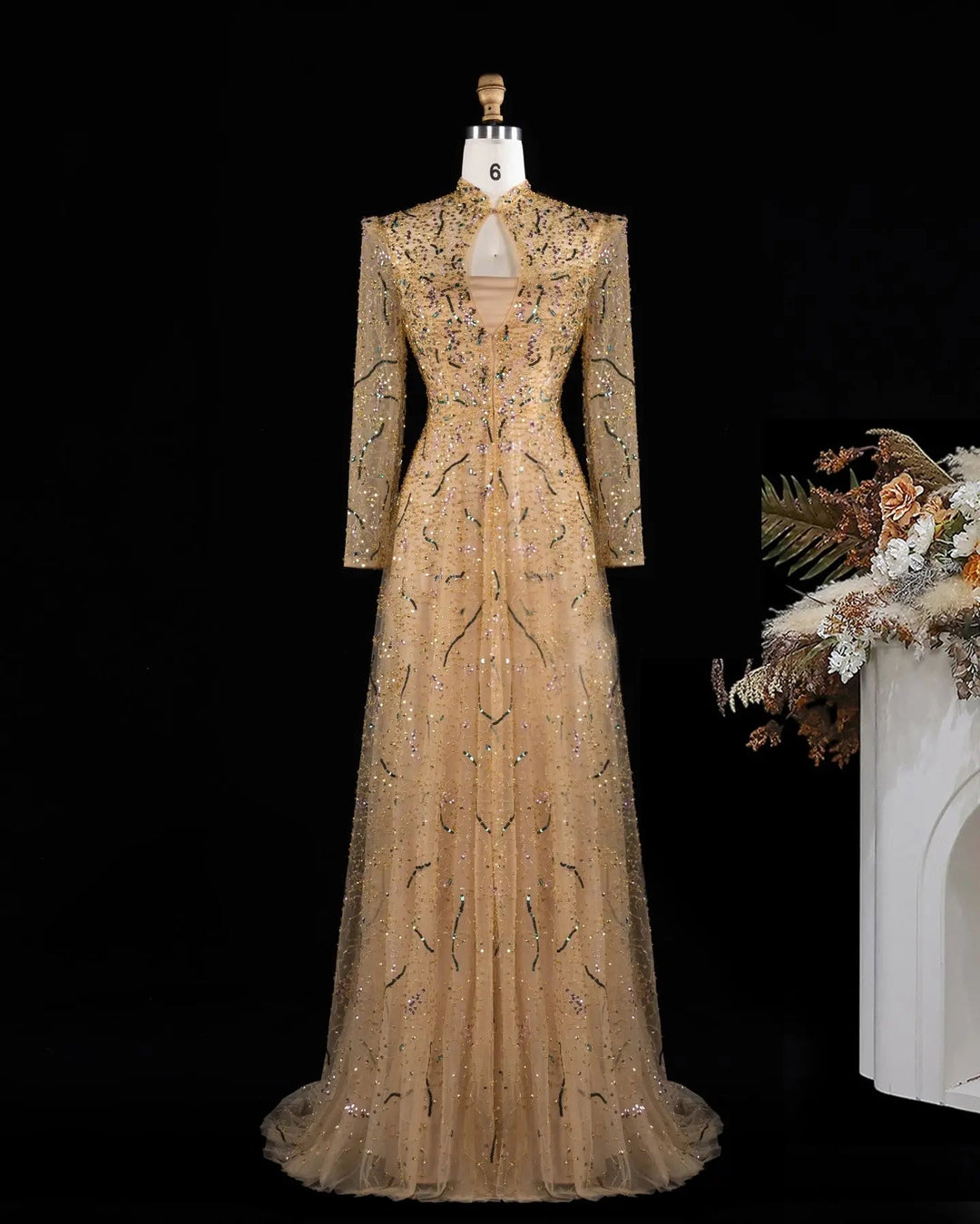 Luxury Gold High Neck Long Sleeve Beaded A-Line Evening Dress  XD020