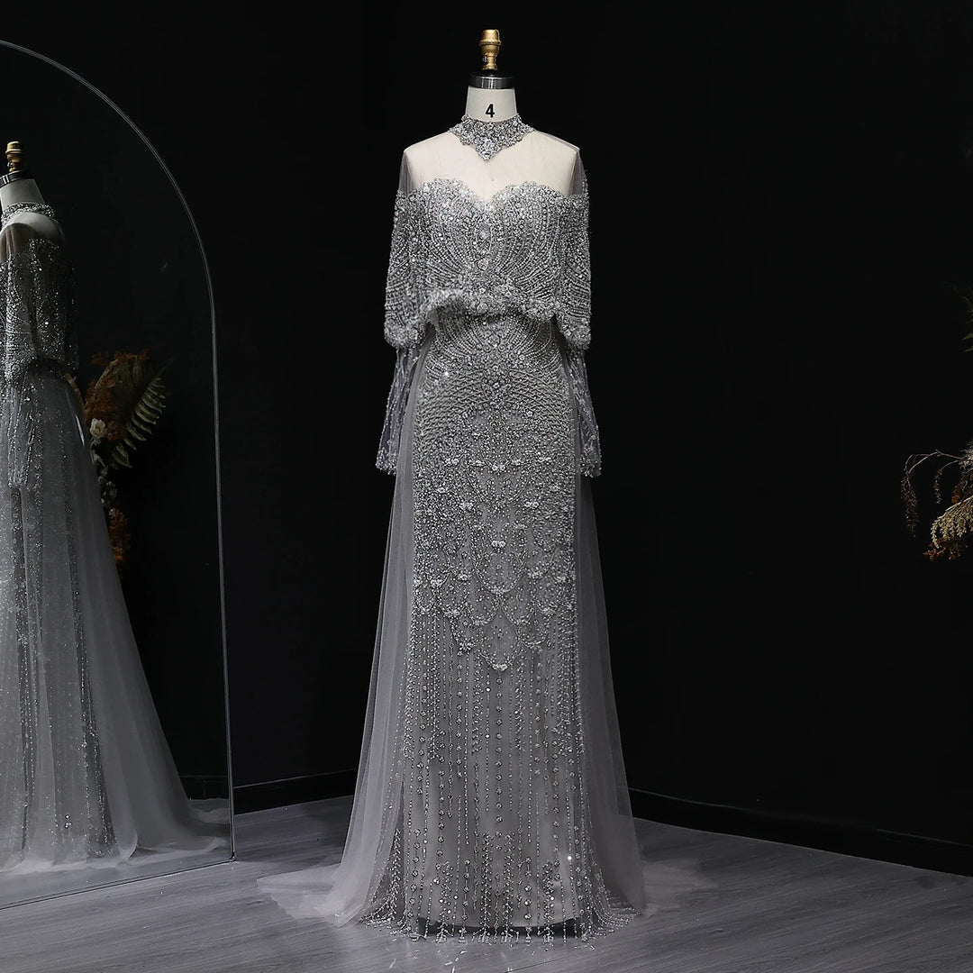 Luxury Gray Dubai Evening Gown with Detachable Overskirt SS557