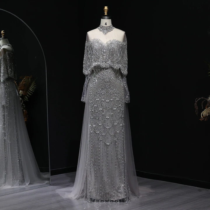 Luxury Gray Dubai Evening Gown with Detachable Overskirt SS557