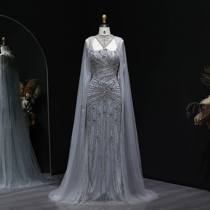 Elegant Beaded Mermaid Evening Dress with Cape Sleeves SS149