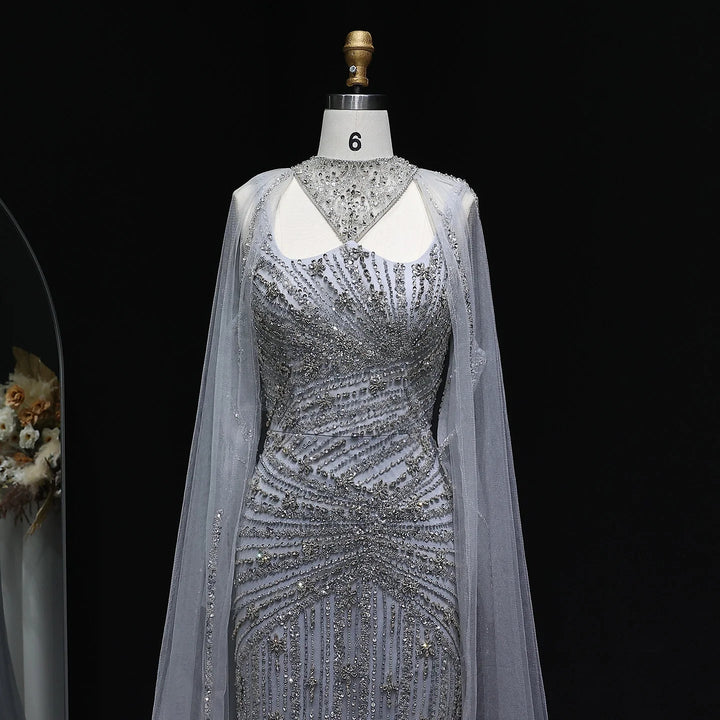 Elegant Beaded Mermaid Evening Dress with Cape Sleeves SS149