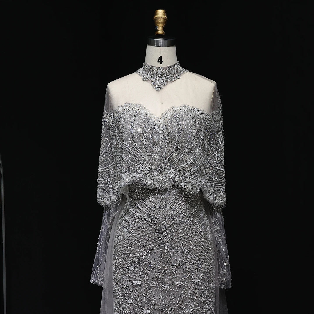 Luxury Gray Dubai Evening Gown with Detachable Overskirt SS557