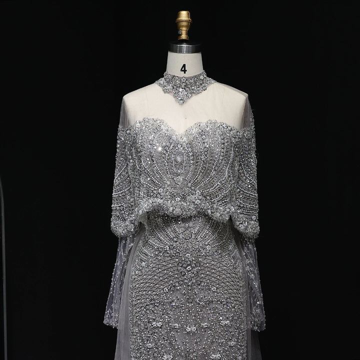 Luxury Gray Dubai Evening Gown with Detachable Overskirt SS557