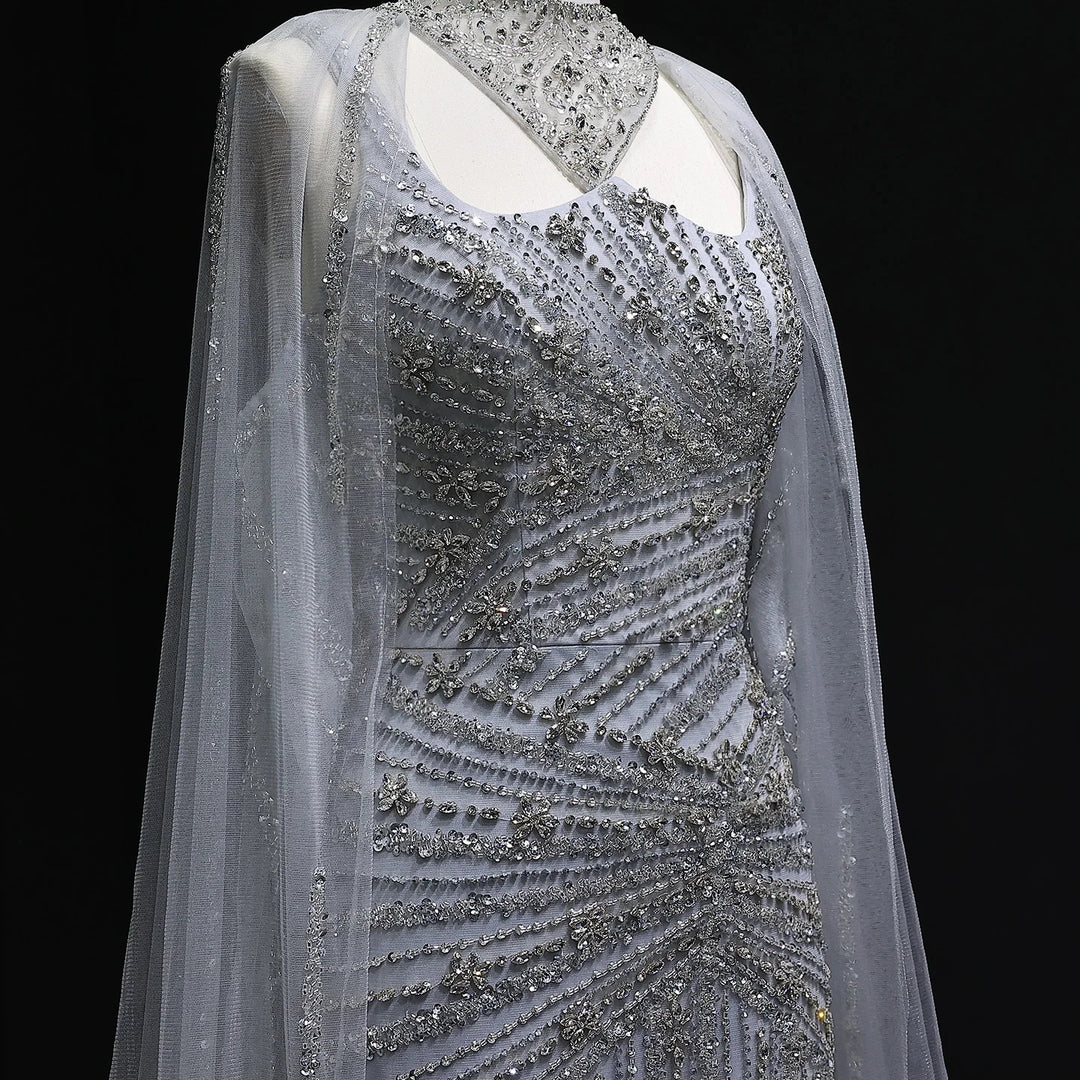 Elegant Beaded Mermaid Evening Dress with Cape Sleeves SS149