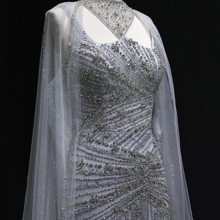 Elegant Beaded Mermaid Evening Dress with Cape Sleeves SS149