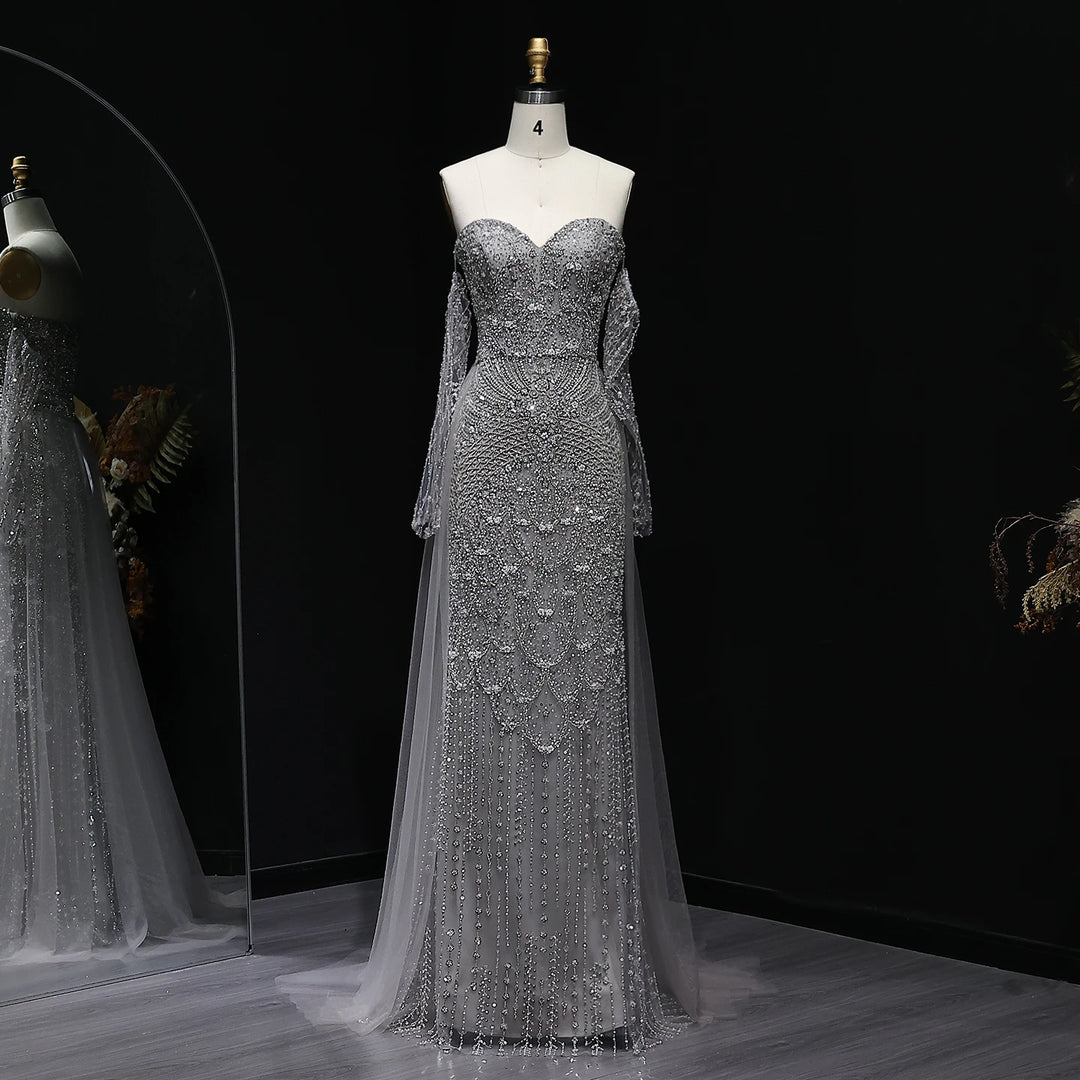 Luxury Gray Dubai Evening Gown with Detachable Overskirt SS557