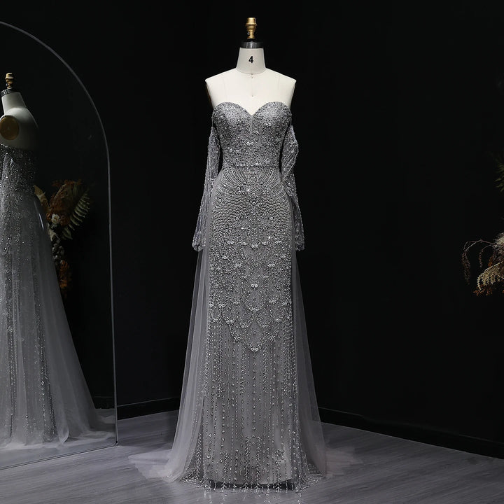 Luxury Gray Dubai Evening Gown with Detachable Overskirt SS557