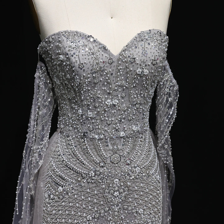 Luxury Gray Dubai Evening Gown with Detachable Overskirt SS557