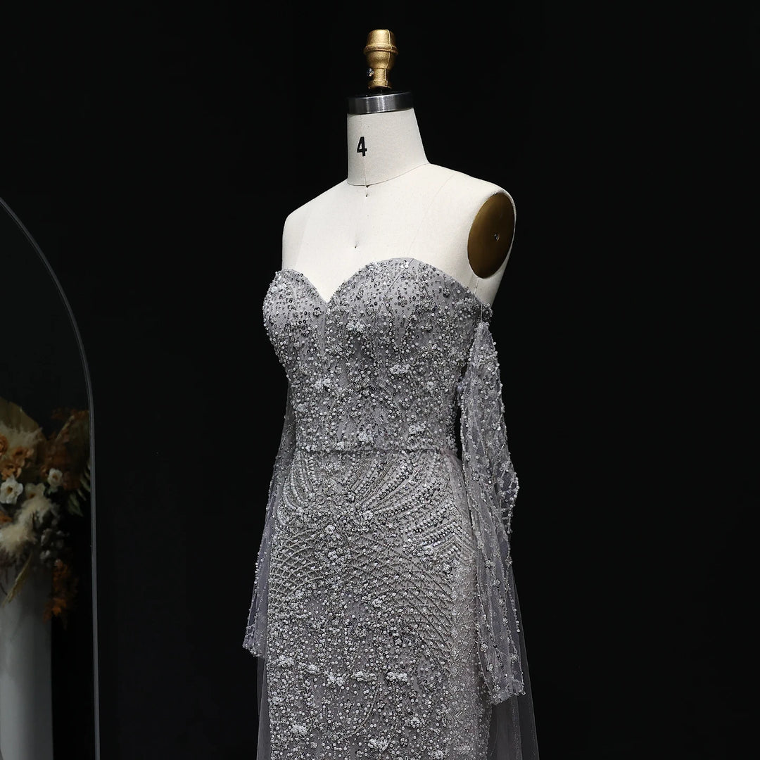Luxury Gray Dubai Evening Gown with Detachable Overskirt SS557