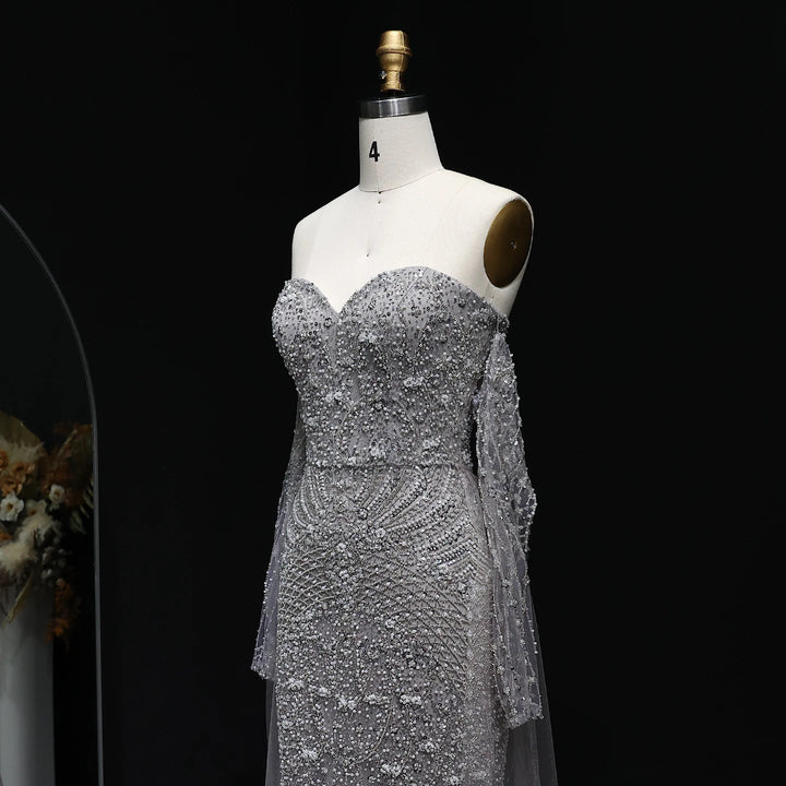 Luxury Gray Dubai Evening Gown with Detachable Overskirt SS557