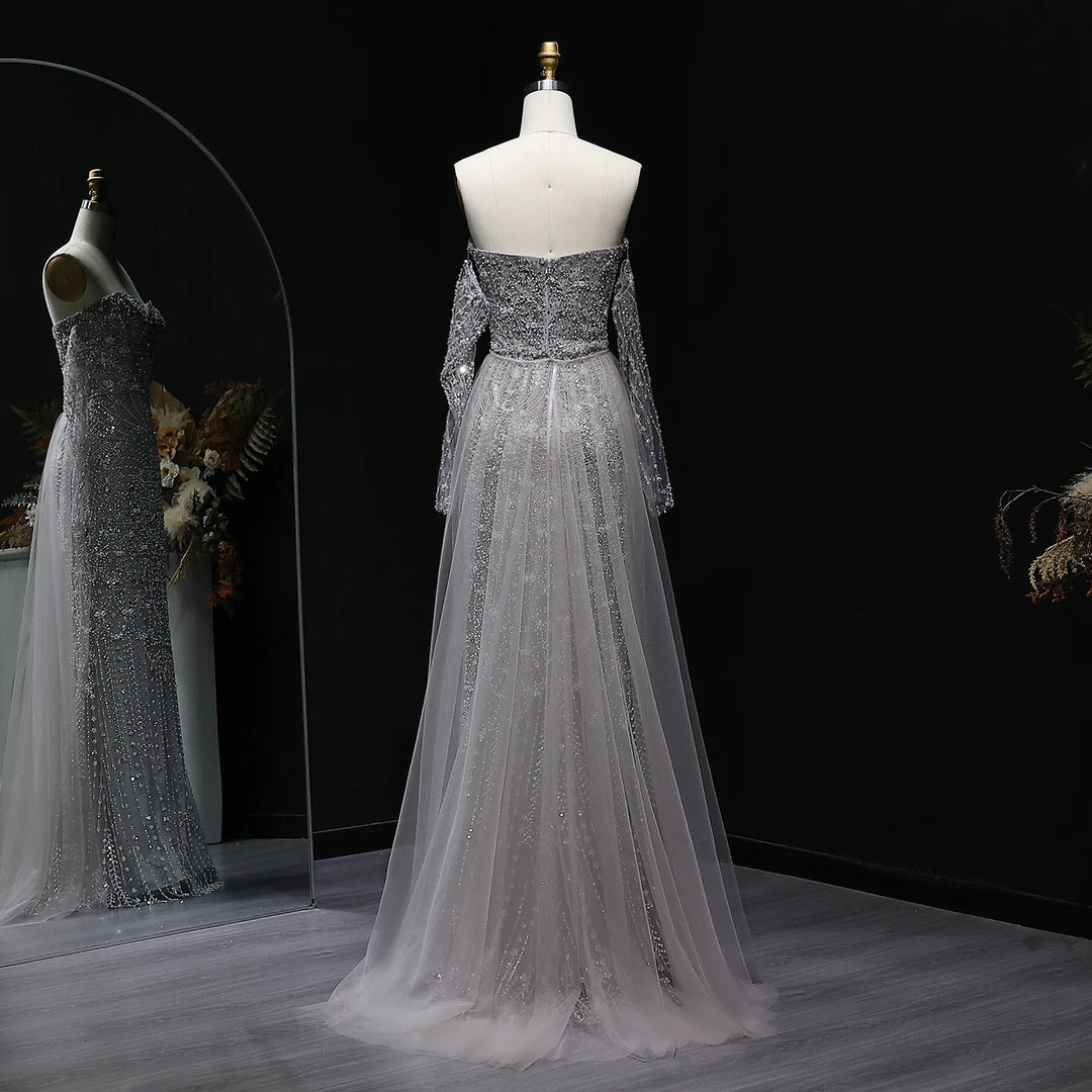 Luxury Gray Dubai Evening Gown with Detachable Overskirt SS557