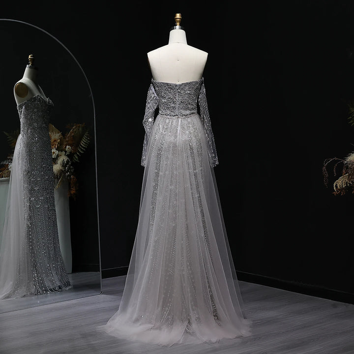 Luxury Gray Dubai Evening Gown with Detachable Overskirt SS557