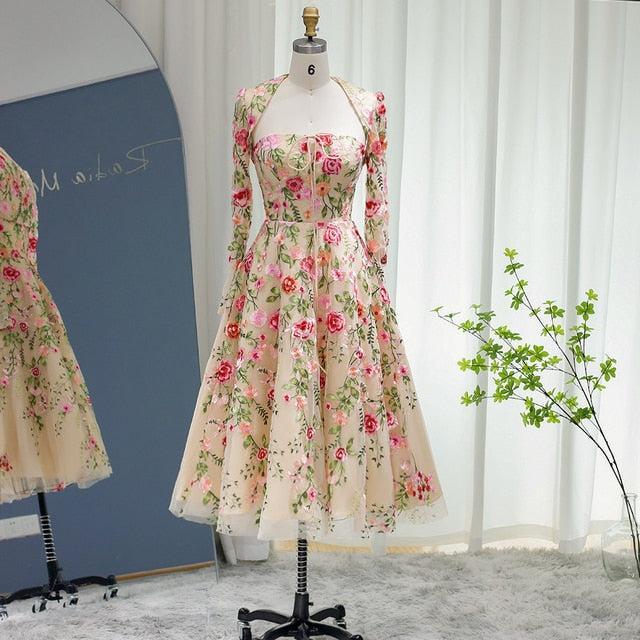 Garden Embroidery Short Evening Dress with Jacket Ankle Length SF237, Same as picture / 6 Garden Embroidery Short Evening Dress with Jacket Ankle Length SF237, Same as picture / 6