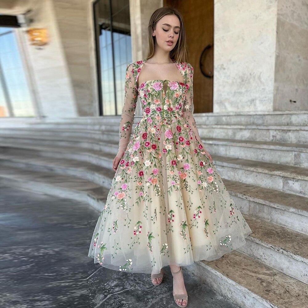Garden Embroidery Short Evening Dress with Jacket Ankle Length SF237, Same as picture / 6 Garden Embroidery Short Evening Dress with Jacket Ankle Length SF237, Same as picture / 6