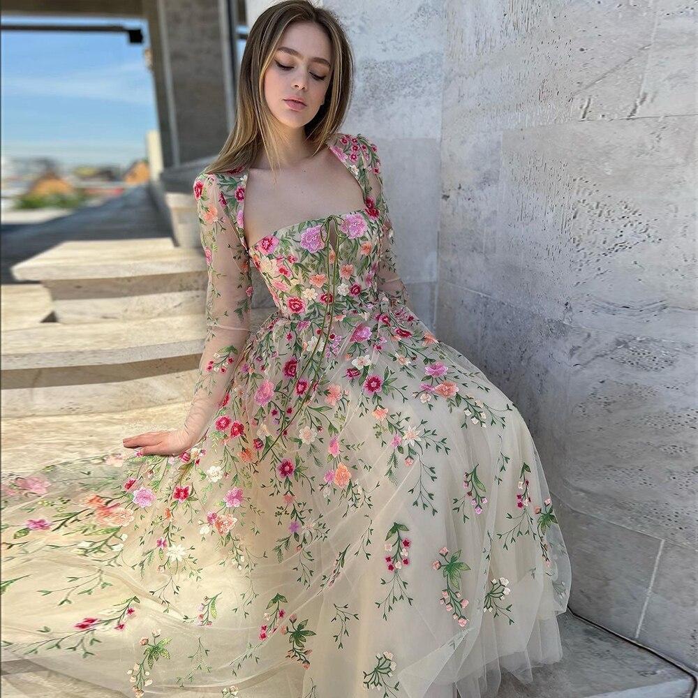 Garden Embroidery Short Evening Dress with Jacket Ankle Length
