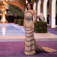 Glamorous Mixed Purple Beaded with Train Evening Dress SS656