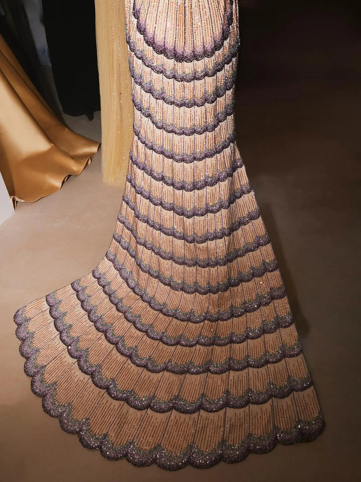 Glamorous Mixed Purple Beaded with Train Evening Dress SS656