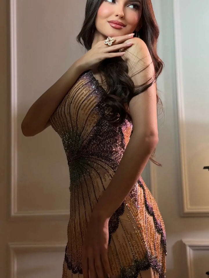 Glamorous Mixed Purple Beaded with Train Evening Dress SS656