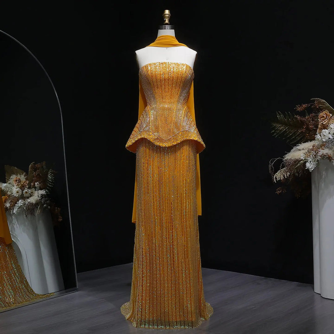 Luxury Orange Sparkle Strapless Peplum Pageant Evening Dress with Scarf SS560