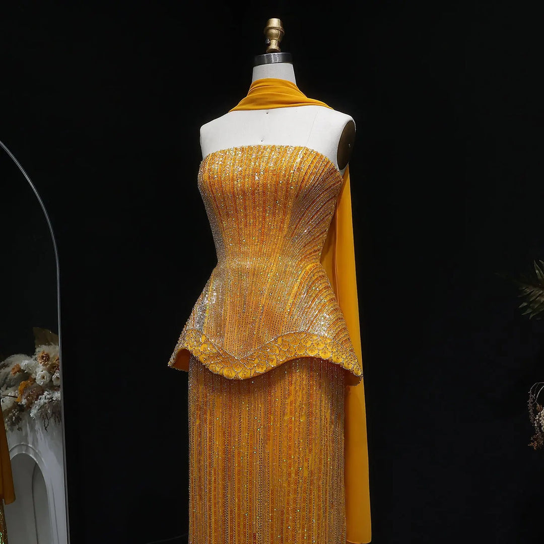 Luxury Orange Sparkle Strapless Peplum Pageant Evening Dress with Scarf SS560