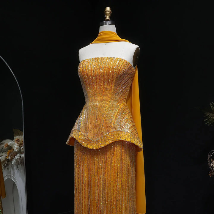 Luxury Orange Sparkle Strapless Peplum Pageant Evening Dress with Scarf SS560