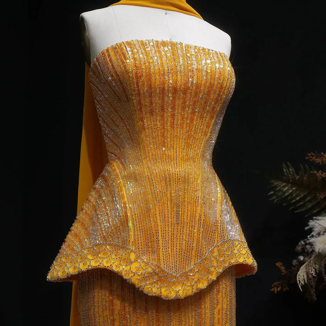 Luxury Orange Sparkle Strapless Peplum Pageant Evening Dress with Scarf SS560