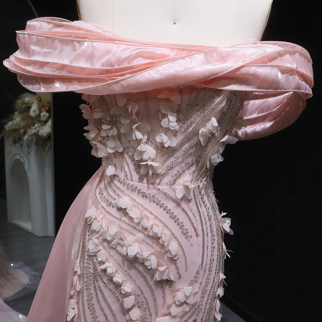 Elegant Pink Sequin 3D Floral Off Shoulder Evening Dress SS604