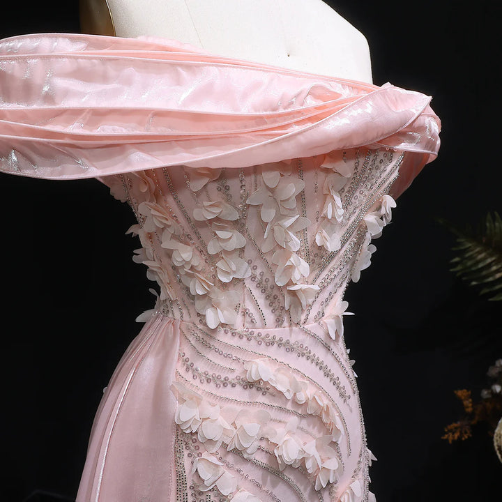 Elegant Pink Sequin 3D Floral Off Shoulder Evening Dress SS604